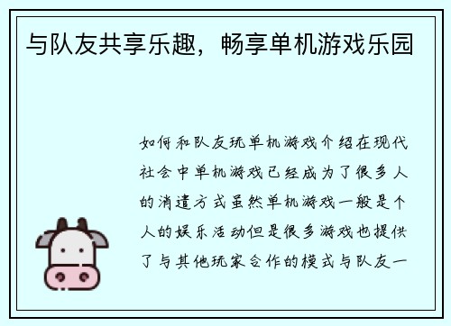 与队友共享乐趣，畅享单机游戏乐园